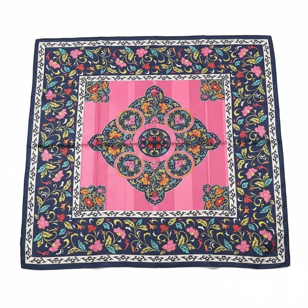 Vintage Style Floral Medallion Square Scarf Navy Pink Striped Large